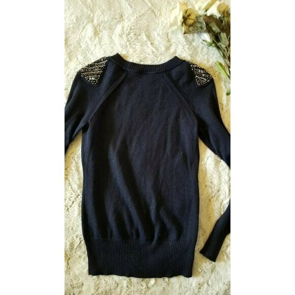 Loft Wool Blend Navy Blue Decorated Sequin Shoulder Sweater Size XS - Picture 6 of 8